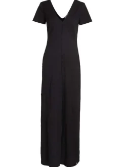 Robe longue noire unie texturée avec coupe droite col v et à manches courtes