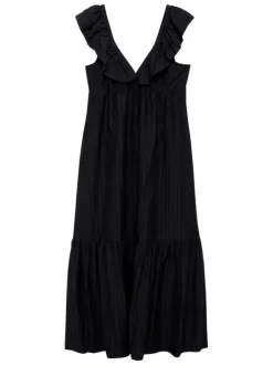 Robe longue noir unie avec une coupe droite à col v et des manches courtes