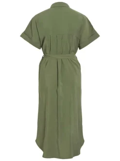 Robe longue olive unie avec une coupe fluide et un col chemise
