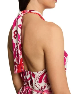 Robe longue rose sans manche à coupe droite pourvue de liens à nouer