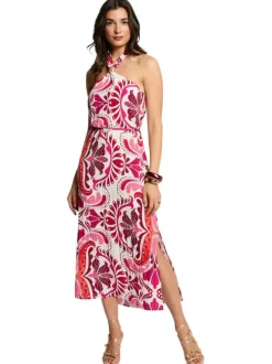 Robe longue rose sans manche à coupe droite pourvue de liens à nouer