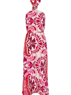 Robe longue rose sans manche à coupe droite pourvue de liens à nouer