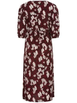 Robe longue rouge col v et manches 3/4 élastiquées aux extrémités avec imprimé feuilles