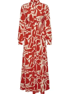 Robe longue rouge imprimée coupe droite col mao boutonné et à manches longues