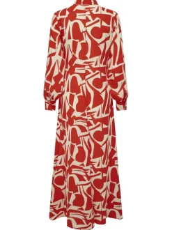 Robe longue rouge imprimée coupe droite col mao boutonné et à manches longues