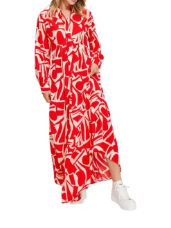 Robe longue rouge imprimée coupe droite col mao boutonné et à manches longues