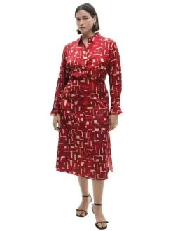 Robe longue rouge imprimée à coupe évasée avec col à revers et manches longues