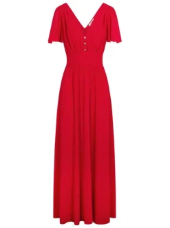 Robe longue rouge unie pourvue d’une coupe évasée et d’un col en V
