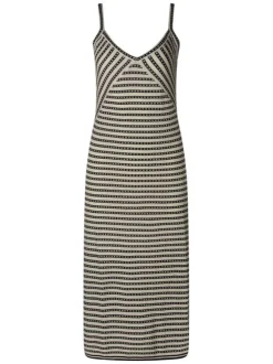 Robe longue sable à rayures pourvue d'une coupe moulante et d'un col v
