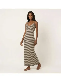 Robe longue sable à rayures pourvue d'une coupe moulante et d'un col v