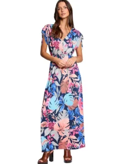 Robe longue sans manche multicolore coupe cintrée pourvue d'un col v