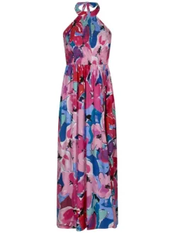 Robe longue sans manches rose fleurie à coupe fluide et col v