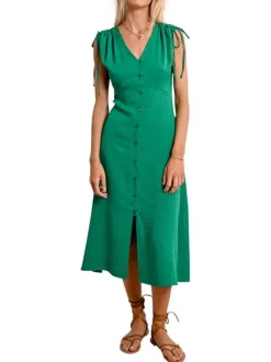 Robe longue sans manches verte unie avec une coupe ajustée et un col v