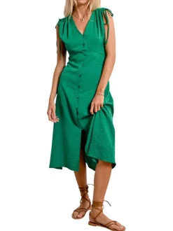 Robe longue sans manches verte unie avec une coupe ajustée et un col v