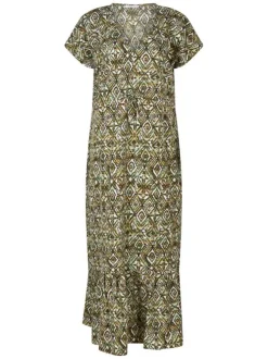 Robe longue verte avec des imprimés une coupe droite et un col v