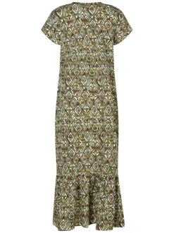 Robe longue verte avec des imprimés une coupe droite et un col v