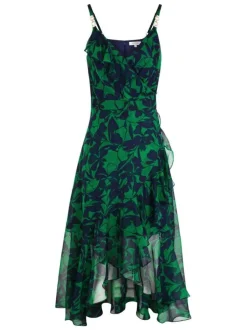 Robe longue verte florale avec une coupe asymétrique et un décolleté cache-coeur