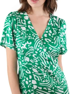 Robe longue verte imprimé abstrait avec coupe évasée fluide et col cache-coeur