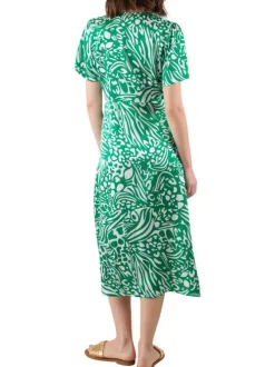 Robe longue verte imprimé abstrait avec coupe évasée fluide et col cache-coeur