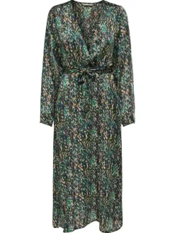 Robe longue verte imprimé abstrait à coupe droite fluide et col v