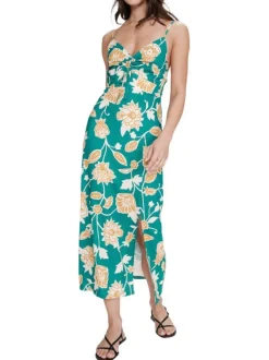 Robe longue verte à motifs floraux avec une coupe cintrée et un col V