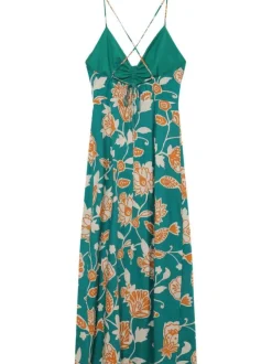 Robe longue verte à motifs floraux avec une coupe cintrée et un col V