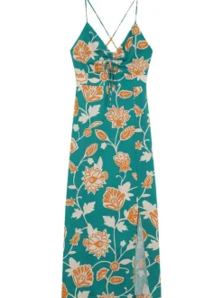 Robe longue verte à motifs floraux avec une coupe cintrée et un col V