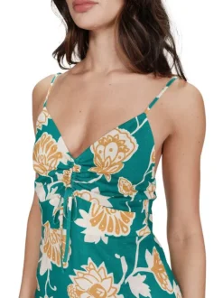 Robe longue verte à motifs floraux avec une coupe cintrée et un col V