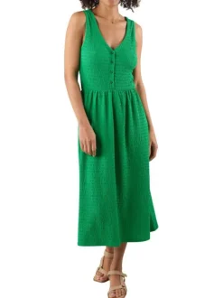 Robe longue verte unie avec une coupe évasée fluide un col v et sans manches