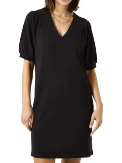 Robe manches courtes mi-longue noire unie avec une coupe droite et un col v