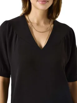 Robe manches courtes mi-longue noire unie avec une coupe droite et un col v