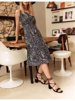 Robe marine pour femme avec imprimé floral coupe évasée