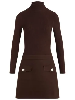 Robe marron pourvue d'une coupe ajustée et d'un col montant côtelé