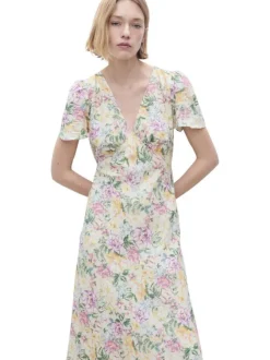 Robe midi beige fleurie à coupe droite fluide et à manches courtes amples