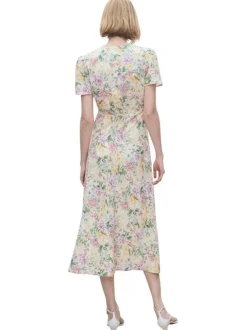 Robe midi beige fleurie à coupe droite fluide et à manches courtes amples