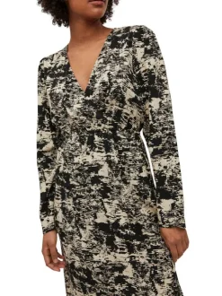 Robe midi beige imprimé abstrait à coupe droite et col cache-coeur