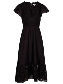 Robe midi en coton noire uni avec une coupe évasée et un décolleté en V festonné