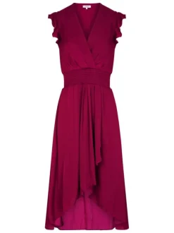 Robe midi prune uni pourvue d'une coupe asymétrique et d'un col en V