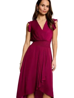 Robe midi prune uni pourvue d'une coupe asymétrique et d'un col en V