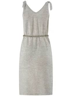 Robe mi-longue beige en coton chinée coupe cintrée à col v