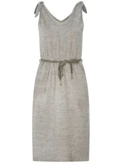 Robe mi-longue beige en coton chinée coupe cintrée à col v