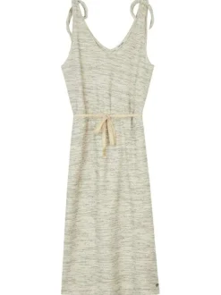 Robe mi-longue beige en coton chinée coupe cintrée à col v
