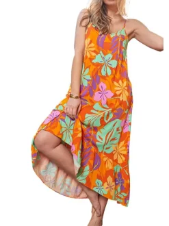 Robe mi-longue à bretelles Isoline multicolore fleurie à coupe asymétrique