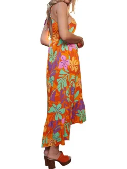 Robe mi-longue à bretelles Isoline multicolore fleurie à coupe asymétrique