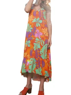 Robe mi-longue à bretelles Isoline multicolore fleurie à coupe asymétrique