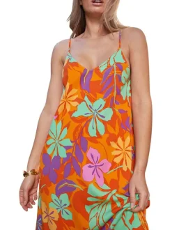 Robe mi-longue à bretelles Isoline multicolore fleurie à coupe asymétrique