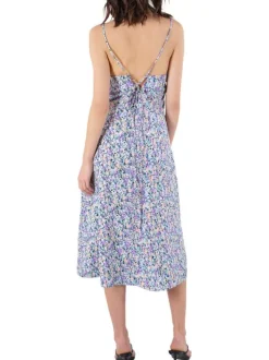 Robe mi-longue à fines bretelles multicolore fleurie à coupe évasée et col v