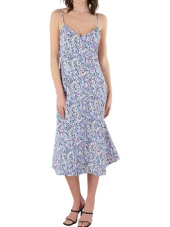 Robe mi-longue à fines bretelles multicolore fleurie à coupe évasée et col v