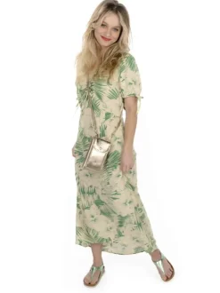 Robe mi-longue Italia verte fleurie à coupe ajustée col v et à manches courtes