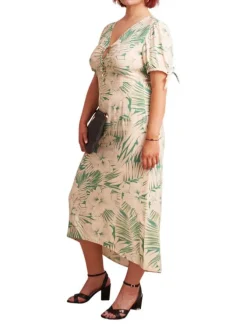 Robe mi-longue Italia verte fleurie à coupe ajustée col v et à manches courtes